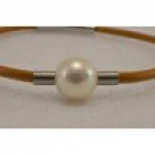 Parel staal leer armband bruin met witte zoetwaterparel 11mm 20cm