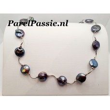 Parelketting grote zwarte zoetwaterparels muntvorm 11mm -13mm 46 - 49cm echte  y
