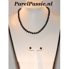 Verkocht Parelset zwarte parels ketting + oorbellen, 8mm 43cm  y