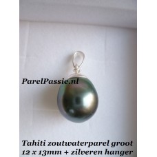 Verkocht Tahiti * parel hanger grote12.1x 13.8mm pauw zwart 925 zilver