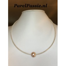 Grote roze zoetwaterparel met zilverencollier 45cm 2mm ,,