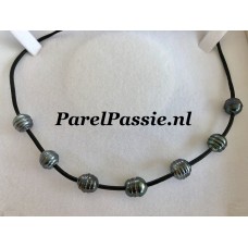 Zwarte Tahiti zoutwaterparel modern leer ketting of armband zilveren vrouw en man ..