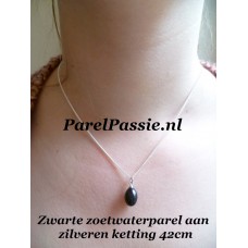 Zwarte parelhanger zoetwater ca.9mm zilveren ketting 42cm 1.2mm y+ Zwarte parelhanger zoetwater ca.9mm zilveren ketting 42cm 1.2mm y+