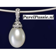 Witgouden parelhanger diamant AAA druppel 8x12mm parel  y..