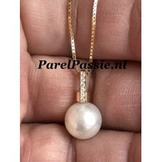 Akoya parelhanger 18k gouden diamanten zoutwater grote witte 9 mm ,,