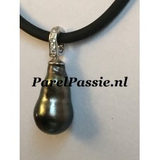 Zwarte parelhanger Tahitit pauw zeer grote barok 20mm zilver cliphanger  y