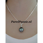 Tahiti parelhanger groot 13mm zwart grijs licht pauw 925 zilver ..