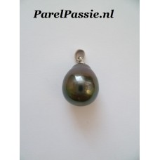 Tahiti parelhanger zoutwater top kleur zwart licht pauw 11.5mm x 14.3mm fijn witgoud  y