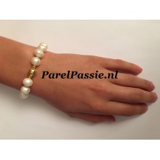 Parelarmband roomwit, 11mm zoetwaterparels 18cm magneetslot zilver verguld ..