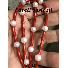 Bloedkoralen en parels collier AAA witte zoetwater zilveren slot max. 50 cm maatwerk  y