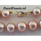 Roze parelcollier met gouden slot 14k 8mm zoetwater ca. 42 cm  48cm optie of pareloorbellen ..