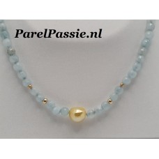Collier gouden Zuidzee parel * 11 mm zoutwater met aquamarijn 14karaats goud  op maat service y