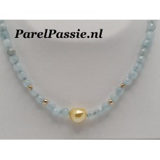 Collier gouden Zuidzee parel * 11mm zoutwater met aquamarijn 14k ,,