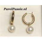 Gouden * pareloorbellen cultivé 9mm ronde parels met creolen 14k 585  y
