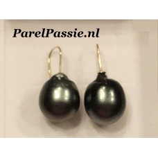 Tahiti parels zwarte zeer groot 14mm x 15mm druppel barok top zoutwater oorbellen goud 14k  y-