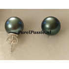 Verkocht Tahiti oorbellen blauw grijze parelnoorstekers 11.3 mm, zilver 925