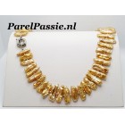 Goud kleur zoetwater parelketting ca. 47cm grote platte parels 