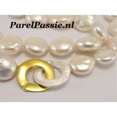Munt parelcollier zoetwater parelketting 11mm  Goud op zilver JKa design slot y