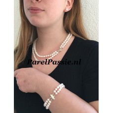 Parelset 2-rijig dubbele parelketting en armband oorknoppen zoetwater ca. 6,5 - 7,5mm, 45cm - 49cm 20cm zilver slotjes of zilver vergulde slotjes ..