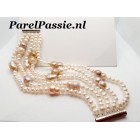 Lange parelketting en parelarmband armband zoetwaterparels barok  roze en wit