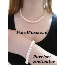 Uitverkocht Parel set ketting armband zoetwater wit 7-8mm zilver ca. 45cm 20cm ..