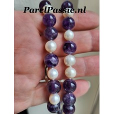Parelset ketting armband amethist en zoetwater edelsteen zilverenslotjes 46cm en 21cm  y