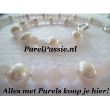 Parelset wit roze collier armband zoetwaterparels rozenkwarts modern zilveren y