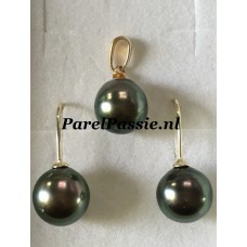 Tahiti parelset pauw groene ca. 10mm zoutwaterparels 14k fijn gouden oorbellen hangers  y
