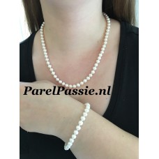 Parelset zoetwater ketting armband oorstekers wit ca. 7mm 45cm of  49cm 20cm ..