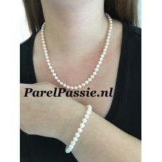 Parelset zoetwater ketting armband oorstekers wit ca. 7mm 45cm of  49cm 20cm  y