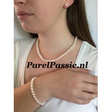 Parelketting parelarmband zoetwaterparels oorstekers 6mm 45cm 18,5cm zilveren slotjes