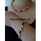 Parelset roze zoetwaterparels munt met zwarte onyx ketting armband