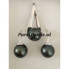 Tahiti  parel set  zwart groen tone 10,2 mm - 10,5 mm zoutwaterparels zilver  modern  y 