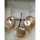 Grote parelset  roze oorhangers en hanger 16-20mm zilver stevig y