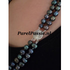 Parelketting zwart pauw 2-Rijig 6mm-7mm zoetwaterparels dubblel ca. 60 cm - 62 cm medium lang  y