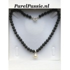 Grote Zuidzee parel in mat zwarte onyx ketting 21mm zoutwater 45cm zilveren slot  y