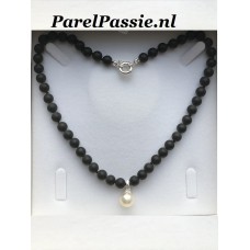 Grote Zuidzee parel in mat zwarte onyx ketting 21mm zoutwater 45cm zilveren slot  y