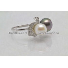 Exclusieve parelring Tahiti Akoya grijs brons wit, zilver zirconia mt 17,5  y