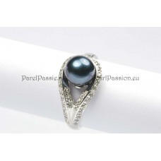 Verkocht Parelring donker blauwe Akoya parel  zilveren ring, AAA mt 17,5 55 ..