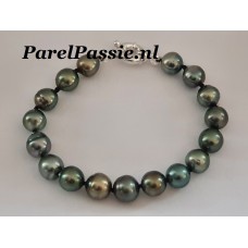 Tahiti parelarmband pauw kleurig donkere zoutwater parels  9mm -11mm zilveren slot y