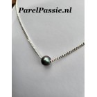 Pauw donkere Tahiti parel strak zilveren ketting zoutwaterparel 9mm collier 42cm ..