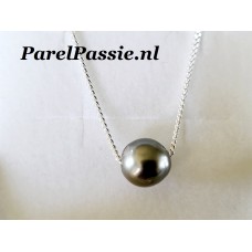 Zwarte parel zilveren ketting Tahiti zoutwaterparel 9.4 mm collier 45cm man vrouw   y