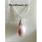 Grote roze zoetwaterparel met zilveren collier 60cm gourmet lange y+